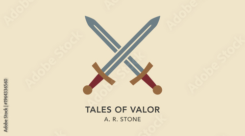 A minimalist graphic design featuring two crossed swords, symbolizing valor and conflict, with the title 'Tales of Valor' and author 'A. R. Stone' on a light background.