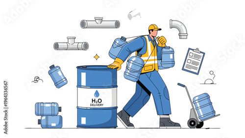 Water Delivery Specialist: A dedicated delivery professional navigates a bustling scene, efficiently transporting water bottles and supplies to ensure a smooth service. 