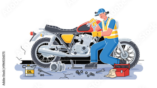 Mechanic's Touch: A dedicated mechanic meticulously examines a classic motorcycle, surrounded by tools, embodying the art of restoration and mechanical expertise.