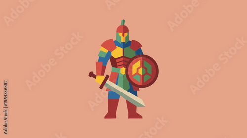 Stylized colorful warrior character with sword and shield in flat design illustration.