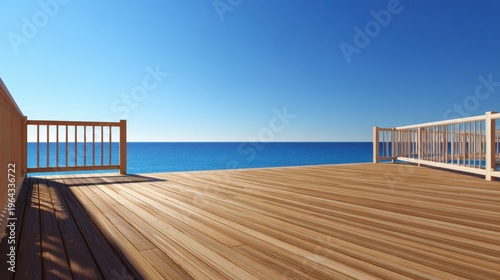 A spacious wooden deck overlooking a clear blue ocean under a bright blue sky