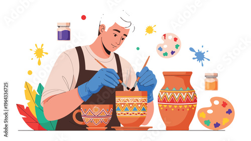 Artisan Crafting Pottery Masterpiece: A skilled artisan, immersed in the artistic process, meticulously paints intricate designs on handcrafted pottery. capturing the spirit of creativity and skill.