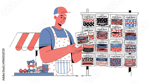 Vendor Display: An illustration of a friendly vendor standing in front of his display of goods. The scene has a friendly, inviting tone.