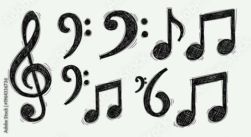 Musical Notes and Clefs Hand Drawn Style.