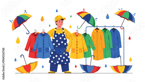 Rainy Day Retail: A cheerful vendor presents a colorful array of raincoats and umbrellas, ready to brighten up any gloomy weather day.