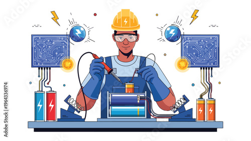 Technician at Work: A skilled technician, equipped with protective gear, diligently solders electrical components, highlighting the intricacies of modern technology.