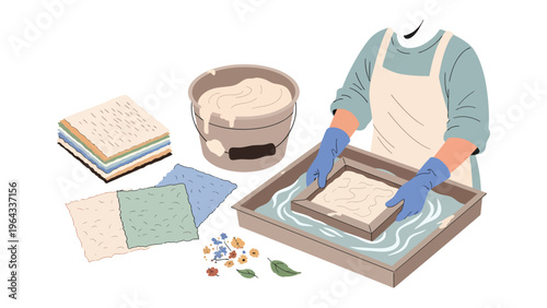 Crafting Paper: A person's hands delicately shape the art of paper making, transforming pulp into sheets of art, with the tools of the trade laid out beside.