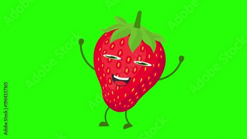 A cute, happy, and smiling animated strawberry character with arms and legs, isolated 4k stock animation video on a green screen background for chroma key background for video editing.