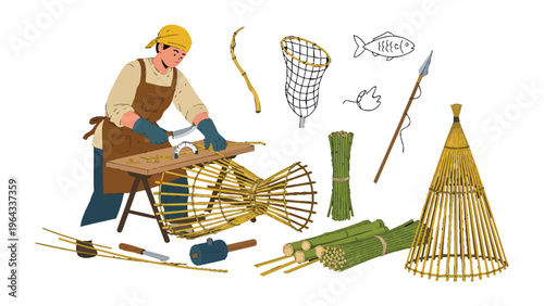 Artisan Crafting: An artisan, focused on his craft, meticulously works on a fishing trap, showcasing a blend of traditional skills and a creative process.