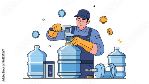 Water Refilling: A skilled worker meticulously refills large water bottle with precision, showcasing the essential service of providing hydration.