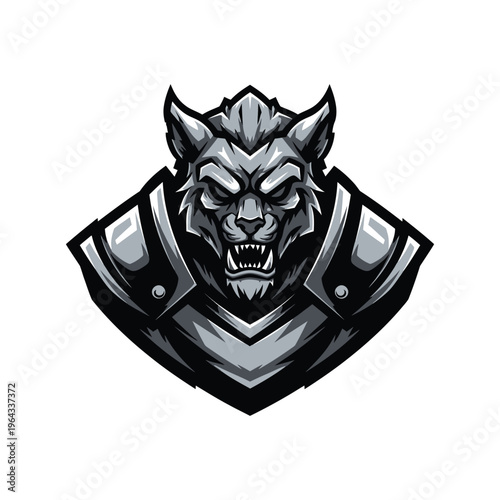 Gray wolf head with armor.