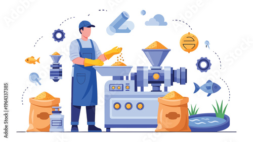 Fish Food Production Process: A detailed illustration captures the intricate process of creating fish food, showcasing a worker involved in the production of high-quality feed.