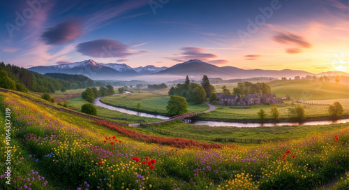 Sunset over mountain landscape field.