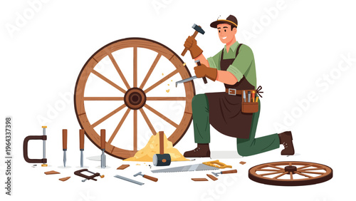 Crafting Heritage: A skilled artisan meticulously works on a wooden wheel, embodying the timeless artistry of craftsmanship, surrounded by essential tools of his trade.