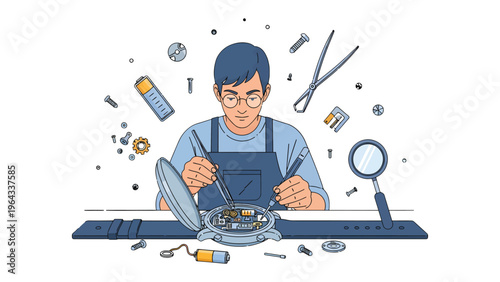 Precision Craftsmanship: A dedicated watchmaker meticulously repairs a intricate timepiece. Illustrating patience, skill, and the art of horology.