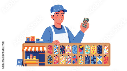 Shopkeeper: An illustration of shopkeeper in front of the store with product.