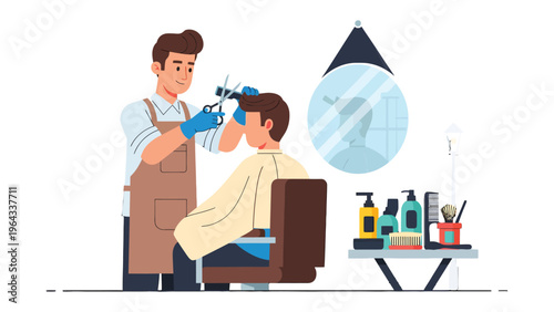 Barber and Client: A barber meticulously trims a client's hair in a clean and well-equipped barbershop. The scene showcases professional grooming and care.
