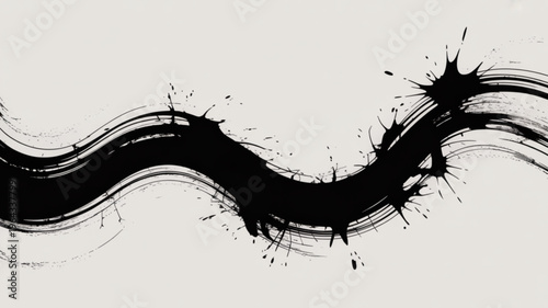 Black ink splatter wave on white background abstract artistic design element with fluid motion