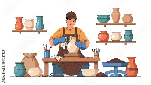 Artisan Crafting: A skilled artisan meticulously works on a pottery piece in a workshop, showcasing the beauty of handcrafted ceramics and the dedication to his craft.