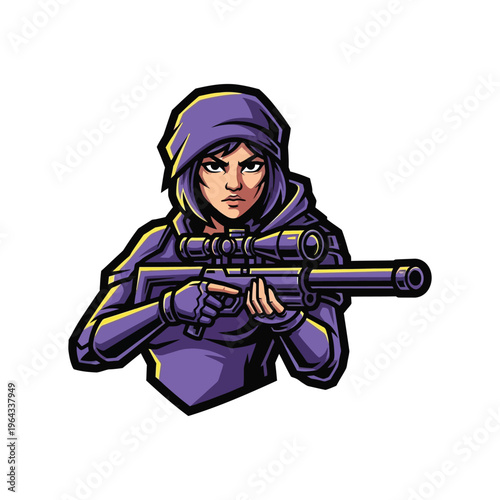 Woman wearing purple hoodie holding rifle.