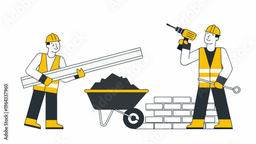 Construction workers mixing and pouring concrete for a brick wall foundation