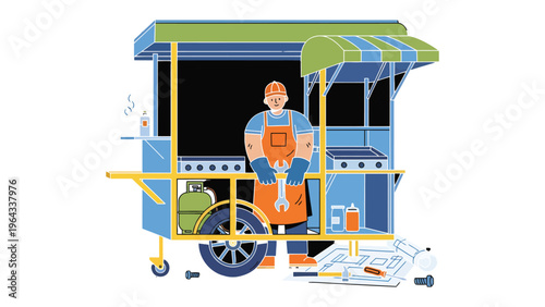 Street Food Cart Service: A friendly vendor stands ready to serve from a colorful street food cart, showcasing the heart of local flavors. 