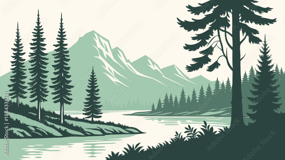 Fototapeta premium Mountain Lake Pine Forest Northern Spain Nature Vector