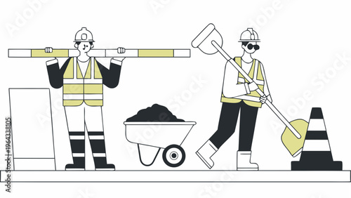 Two construction workers collaborating on a building site with tools and materials