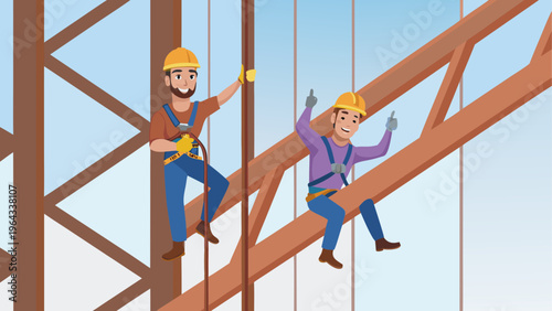 Two construction workers assembling a metal framework structure on a building site.