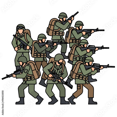 Soldiers in green uniforms advancing with rifles and backpacks