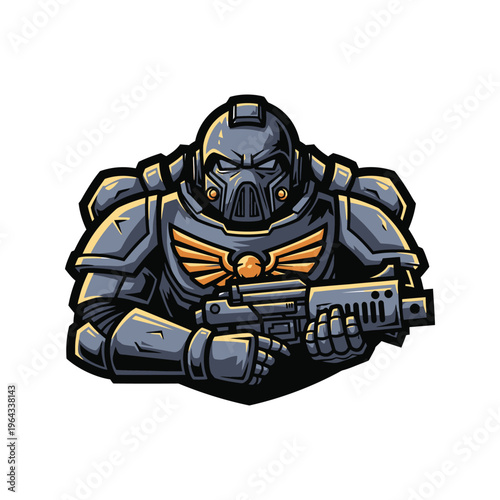 Futuristic soldier in armor holding gun.