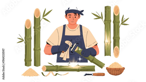 Bamboo Craftsmanship: An artisan meticulously works with bamboo, demonstrating traditional skills and the beauty of natural materials.