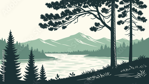 Mountain Lake Pine Forest Northern Spain Nature Vector