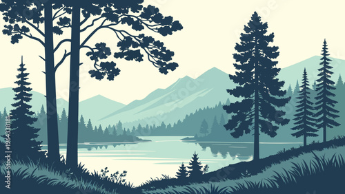 Mountain Lake Pine Forest Northern Spain Nature Vector