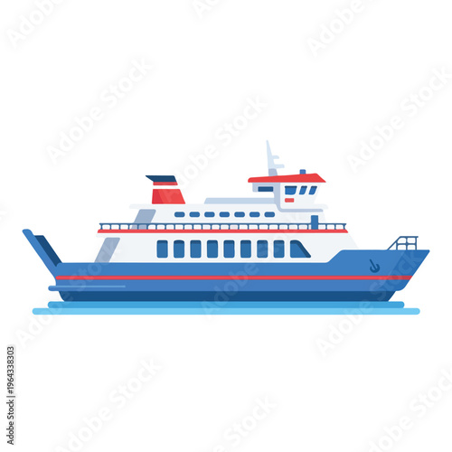 Large ferry boat sailing on calm waters with white and blue hull