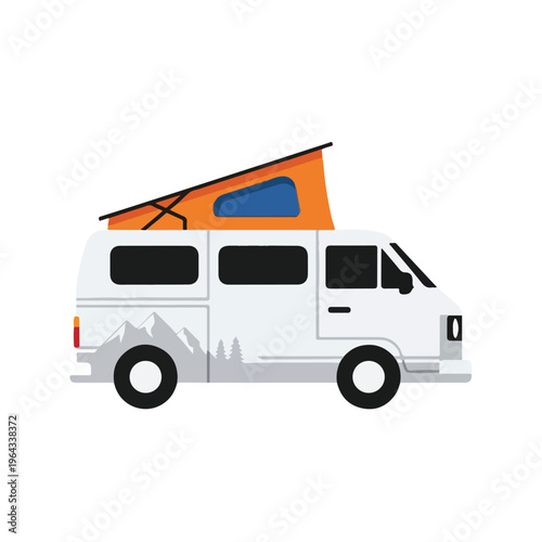 White van with orange tent on top for outdoor adventure travel