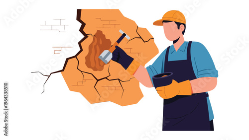 Wall Repair by Professional: A skilled construction worker meticulously repairs a damaged wall with precision, restoring its integrity. 