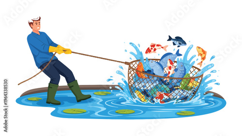 Fishing in the Pond: A man diligently hauls in a fishing net brimming with a vibrant catch of Koi fish in a serene pond setting.