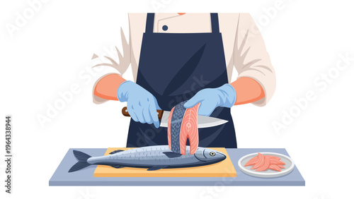 Master Chef at Work: A skilled chef expertly prepares a fresh fish fillet on a clean cutting board, his focus and precision embodying culinary mastery.