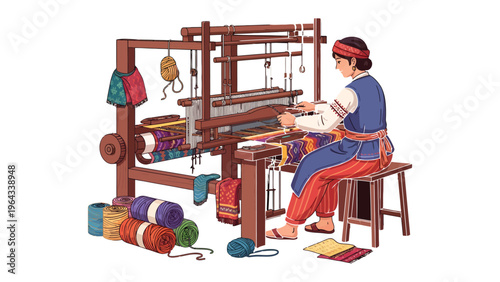Artisan at Loom: A skilled craftswoman diligently weaves intricate textiles on a traditional loom, a testament to time-honored techniques and the art of creation.