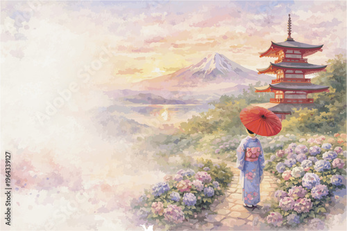 Japanese Watercolor Travel Landscape with Mount Fuji, Kimono Women and Sakura Flowers