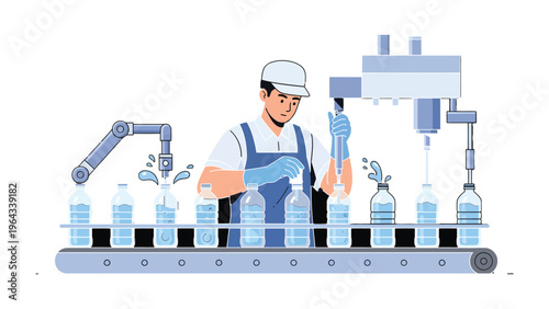 Bottled Water Production: Capturing the essence of automated precision and human oversight in a water bottling plant. The image highlights the journey of pure water.