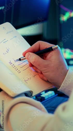 Business planning notebook checklist strategy financial analysis workspace handwritten notes task list organization decision process trading charts background productivity management fintech workflow