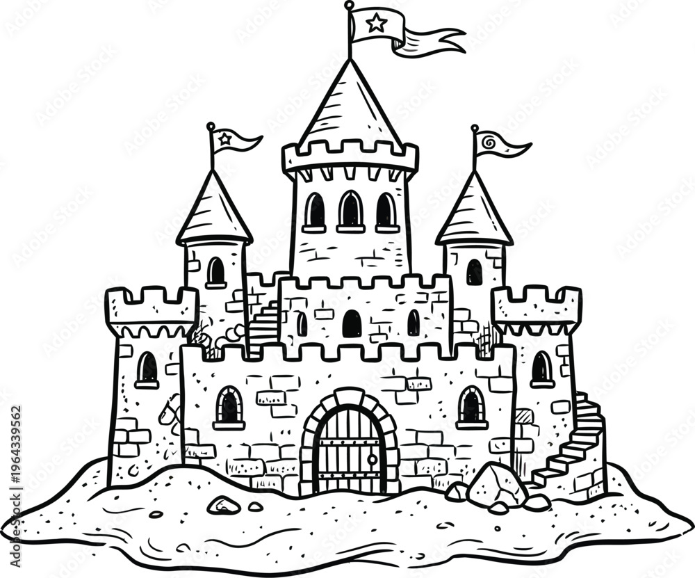Fototapeta premium A medieval style castle with towers and a flag on top sitting on sand