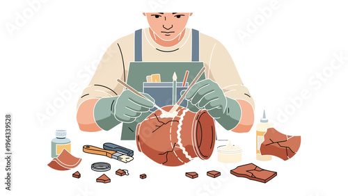 Artifact Restoration: A focused individual meticulously restores a fragmented pottery artifact, meticulously piecing together its form.