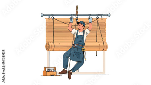 Blind Installer at Work: A skilled artisan meticulously installs a new window blind, expertly maneuvering the mechanics to ensure a perfect fit, symbolizing precision and craftsmanship.