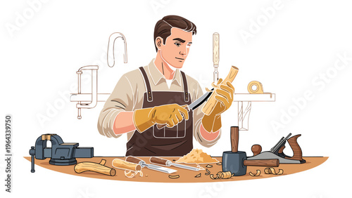 Crafting Precision: A skilled artisan, engrossed in the art of woodworking, meticulously shapes a piece of timber with precision tools, revealing a dedication to craftsmanship.