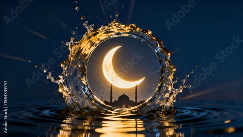 Crescent Moon Splash Water Reflection Mosque Silhouette Ramadan Eid Celebration Background Design