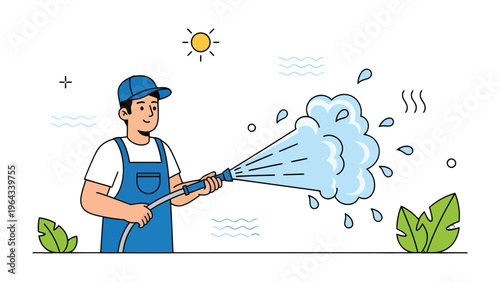 Worker with Water Hose: A diligent worker wields a water hose, spraying a powerful jet of water amidst a backdrop of greenery and a radiant sun, illustrating the essence of cleaning and maintenance.