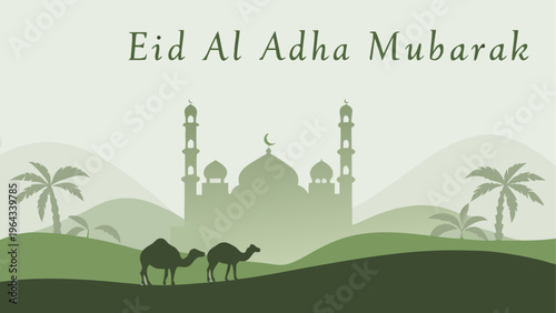 Celebration illustration for eid al adha featuring mosque and camels